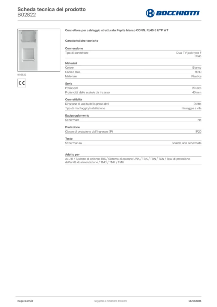 Immagine Bocchiotti Scheda tecnica del prodotto B02822 | Hager Italia