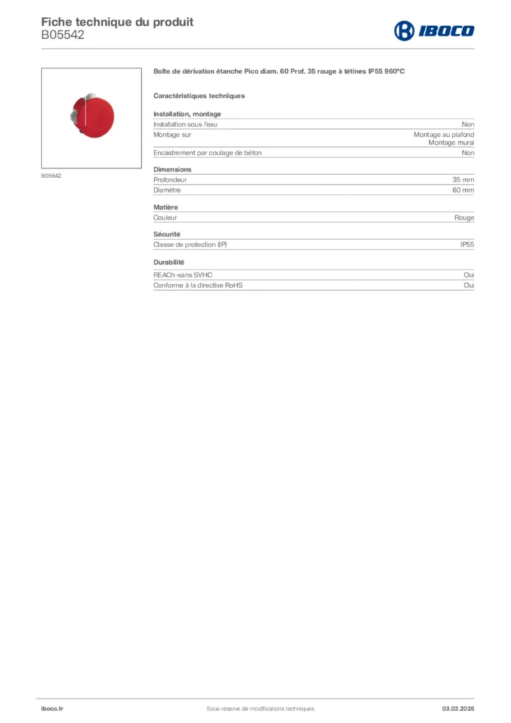 Image Iboco Fiche technique du produit B05542 | Hager France