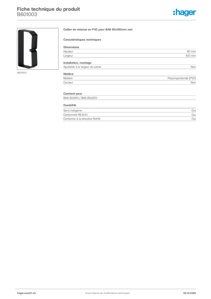 Image Hager Fiche technique du produit B601003 | Hager Suisse