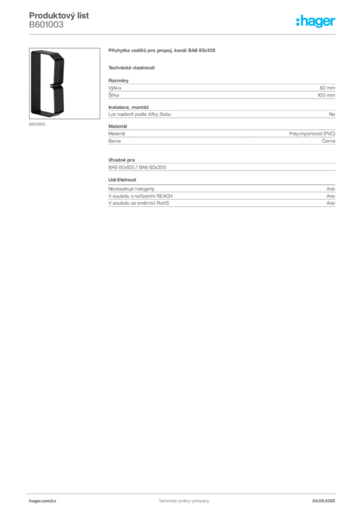 Obrázek Hager Produktový list B601003 | Hager