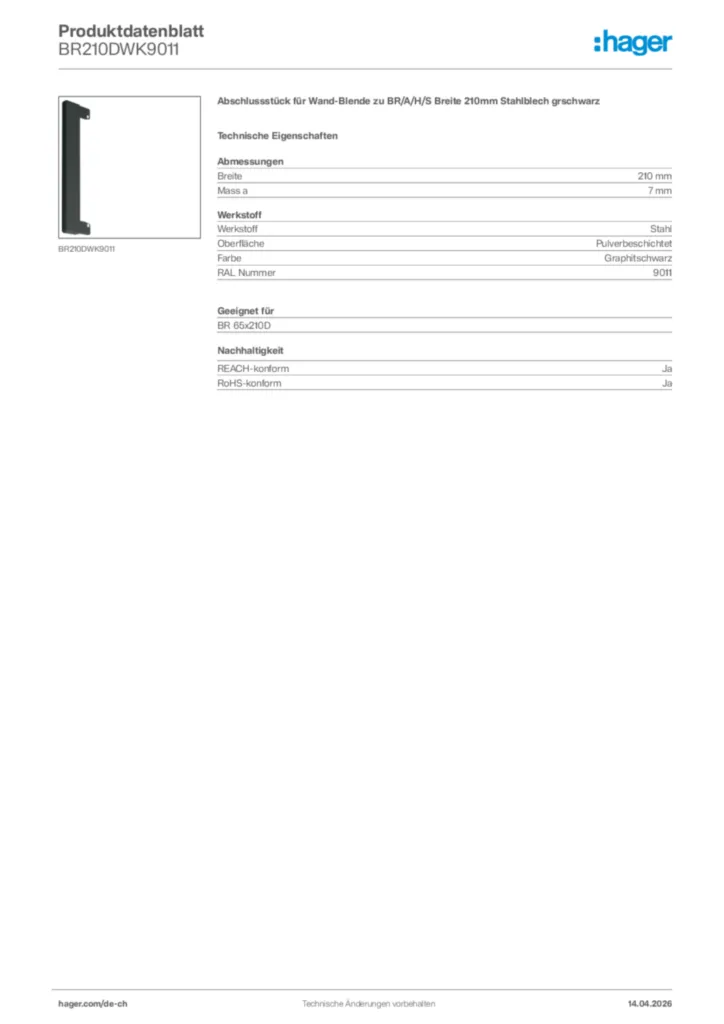 Bild Hager Produktdatenblatt BR210DWK9011 | Hager Schweiz