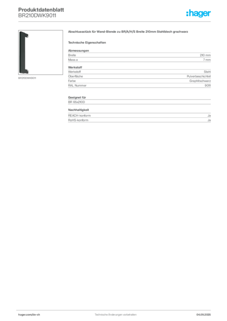 Bild Hager Produktdatenblatt BR210DWK9011 | Hager Schweiz
