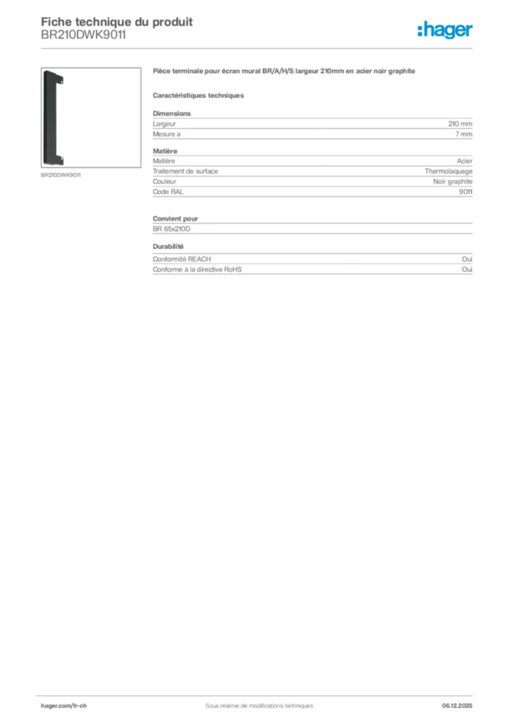 Image Hager Fiche technique du produit BR210DWK9011 | Hager Suisse