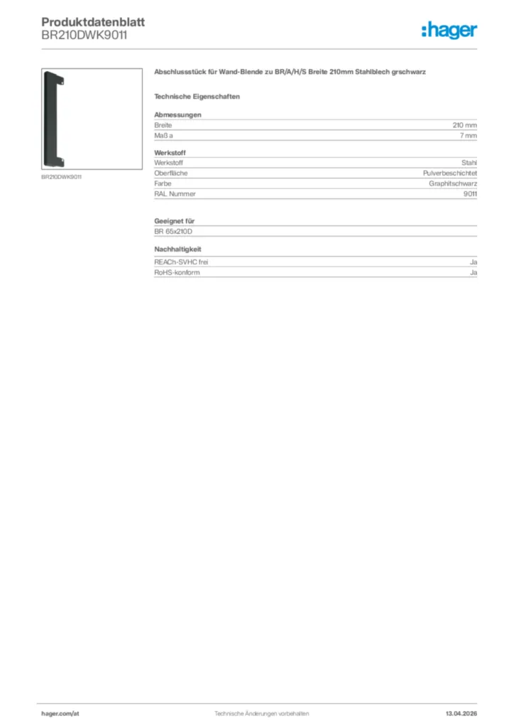 Bild Hager Produktdatenblatt BR210DWK9011 | Hager Deutschland