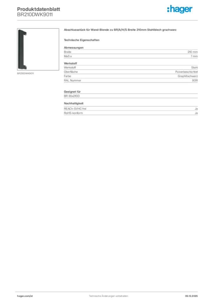 Bild Hager Produktdatenblatt BR210DWK9011 | Hager Deutschland