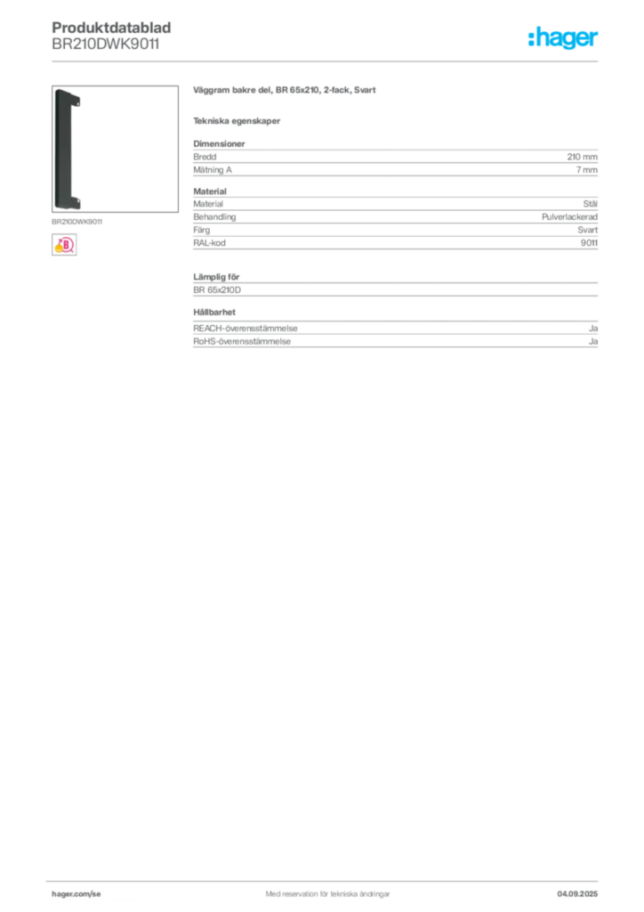 Bild Hager Produktdatablad BR210DWK9011 | Hager Sverige