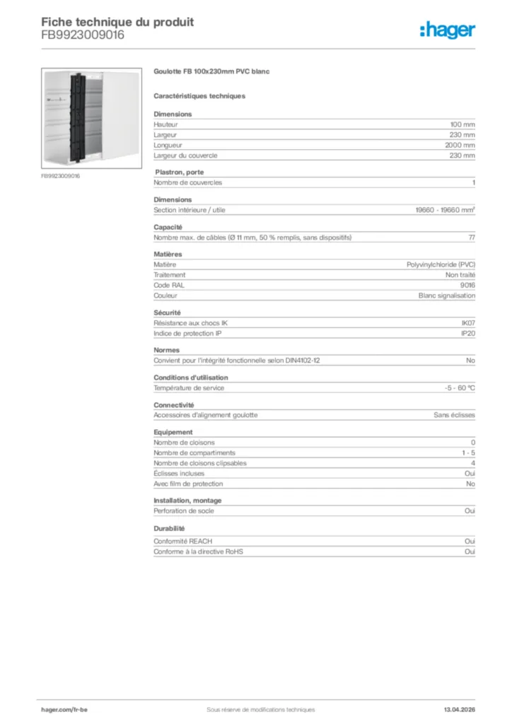 Image Hager Fiche technique du produit FB9923009016 | Hager Belgique