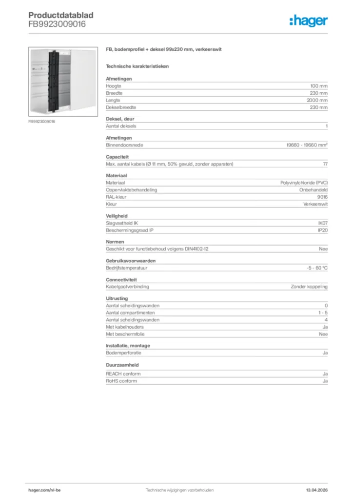 Afbeelding Hager Productdatablad FB9923009016 | Hager Belgium