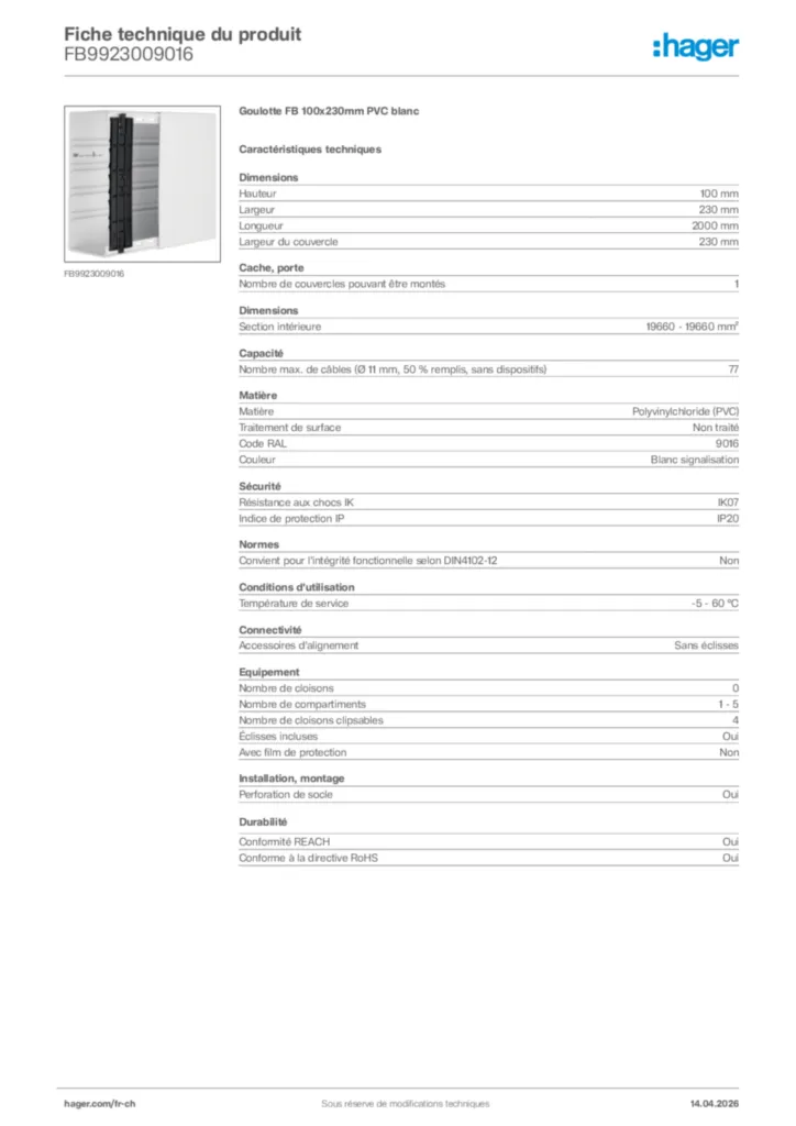 Image Hager Fiche technique du produit FB9923009016 | Hager Suisse