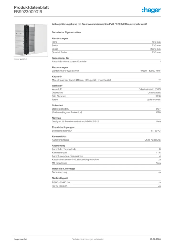 Bild Hager Produktdatenblatt FB9923009016 | Hager Deutschland