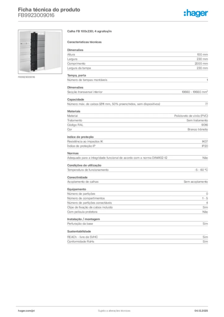 Imagem Hager Ficha técnica do produto FB9923009016 | Hager Portugal
