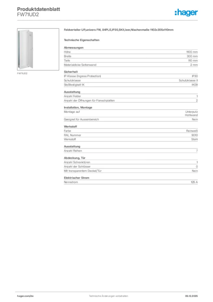 Bild Hager Produktdatenblatt FW71UD2 | Hager Deutschland