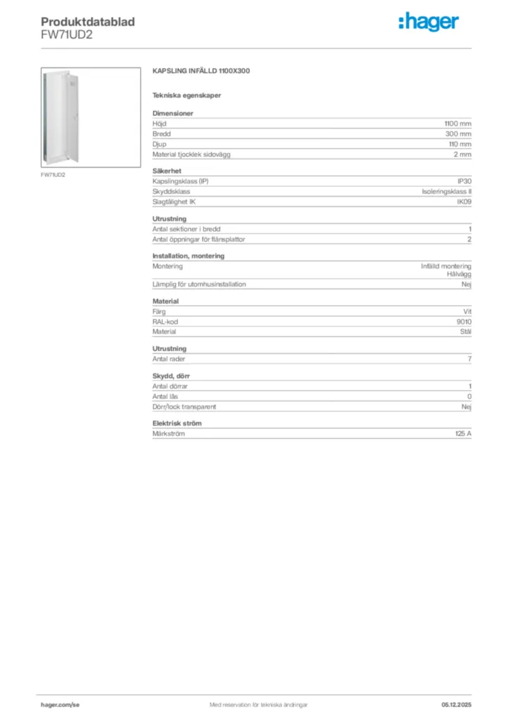 Bild Hager Produktdatablad FW71UD2 | Hager Sverige