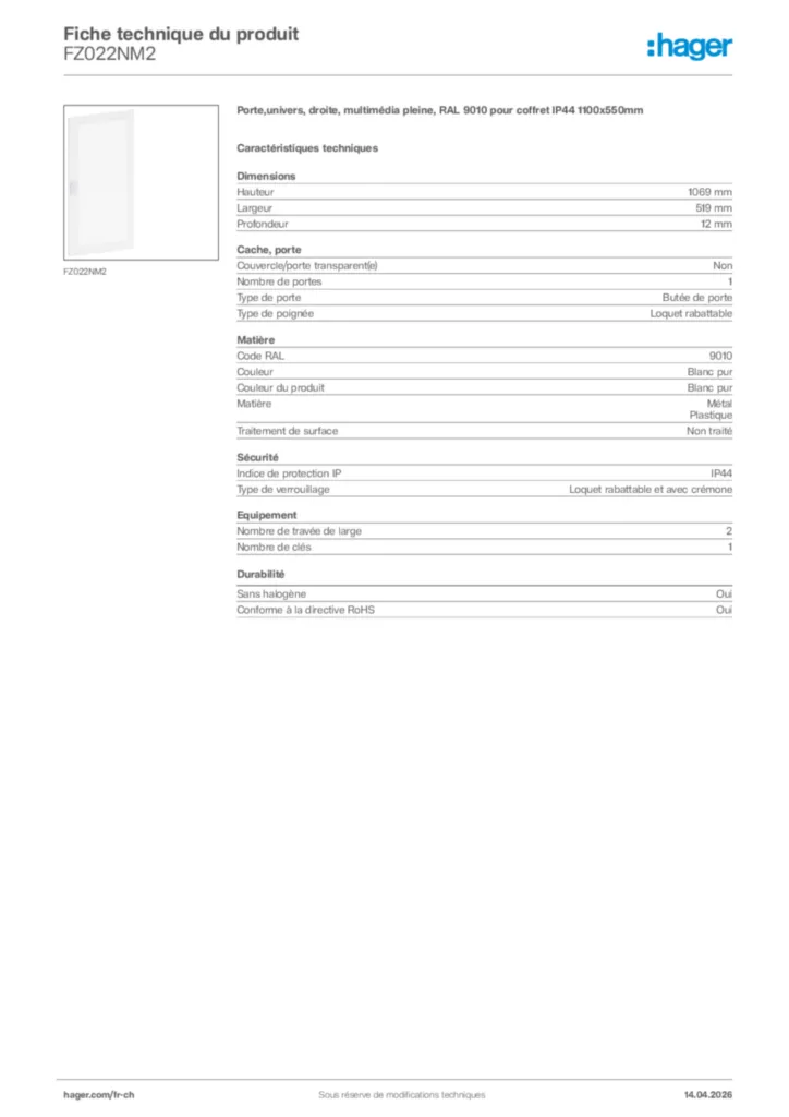 Image Hager Fiche technique du produit FZ022NM2 | Hager Suisse