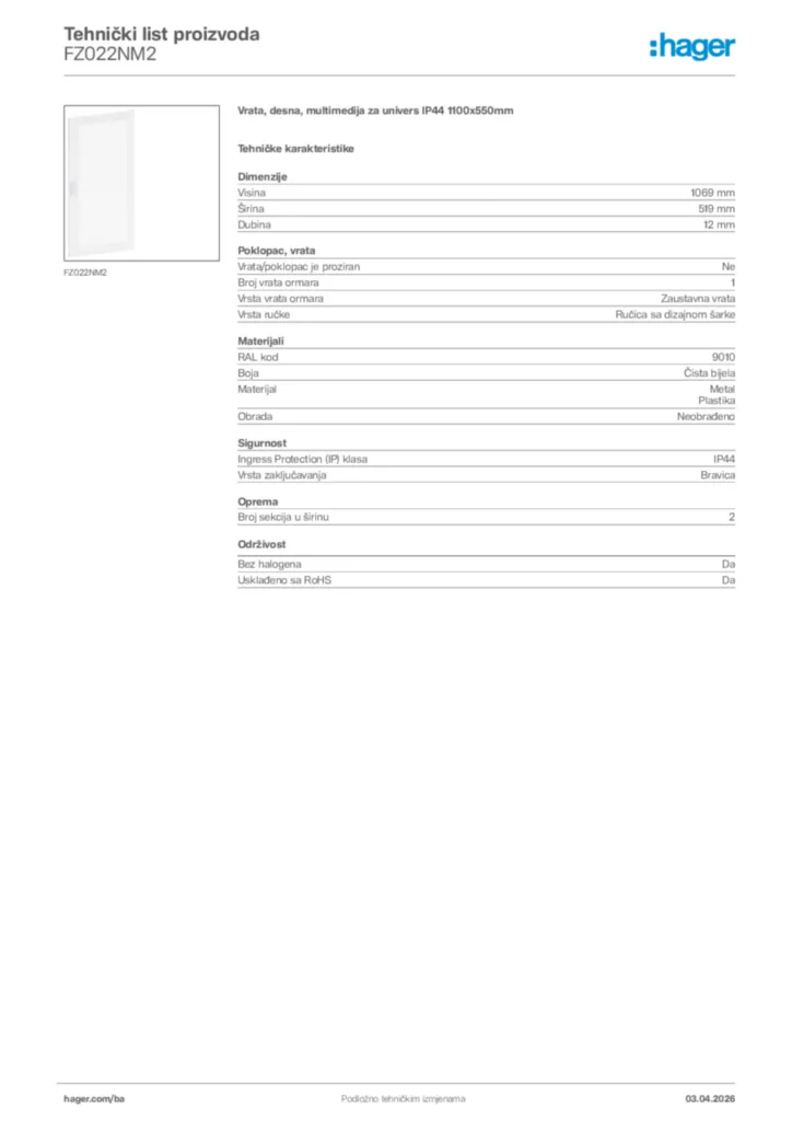 Slika Hager Tehnički list proizvoda FZ022NM2  | Hager