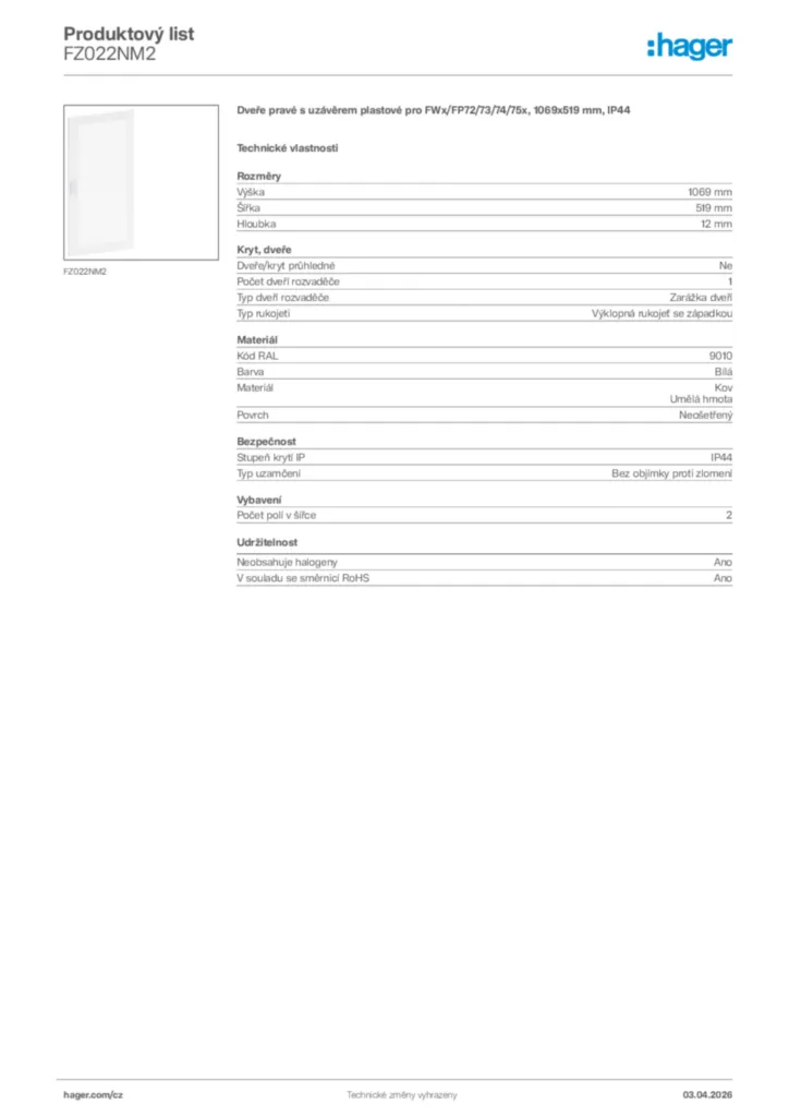 Obrázek Hager Product data sheet FZ022NM2 | Hager