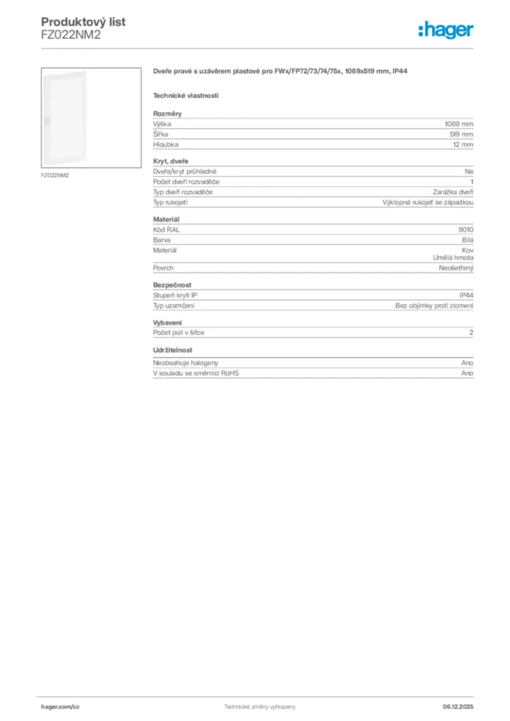 Obrázek Hager Product data sheet FZ022NM2 | Hager