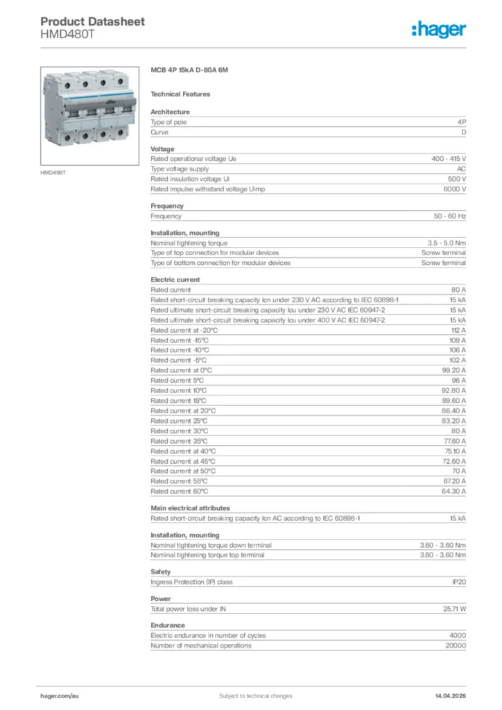 Image Hager Product data sheet HMD480T  | Hager Australia
