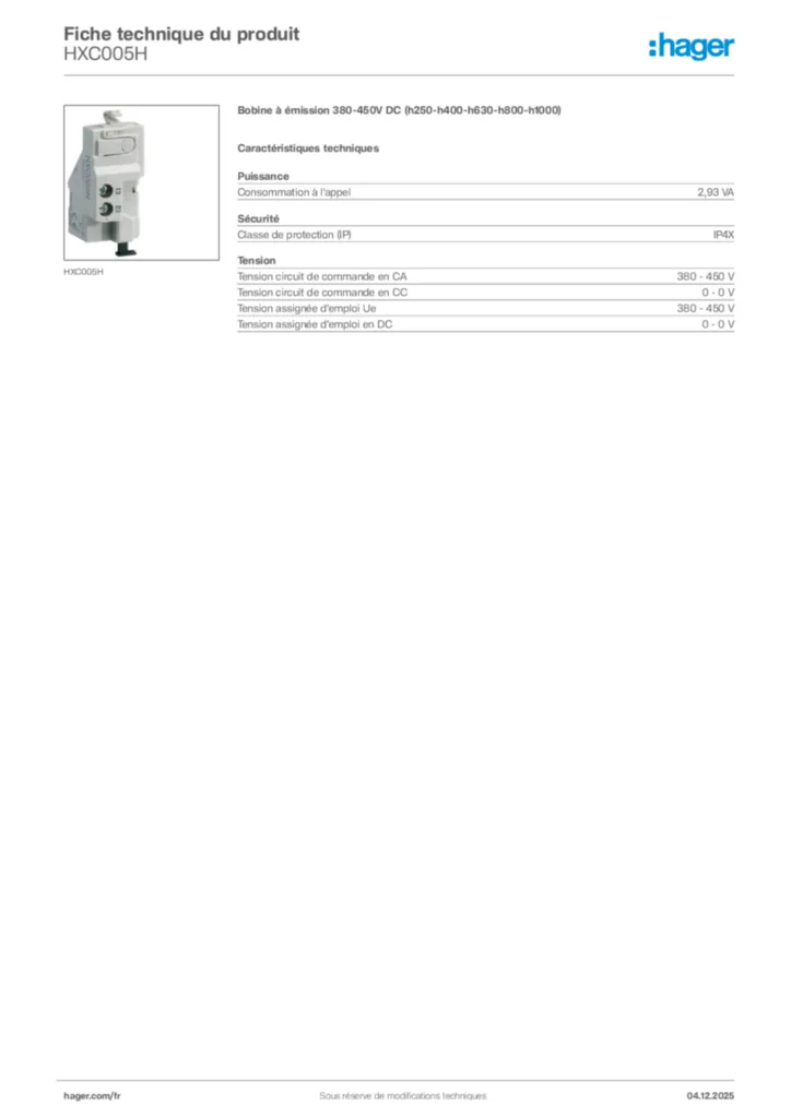 Image Hager Fiche technique du produit HXC005H | Hager France