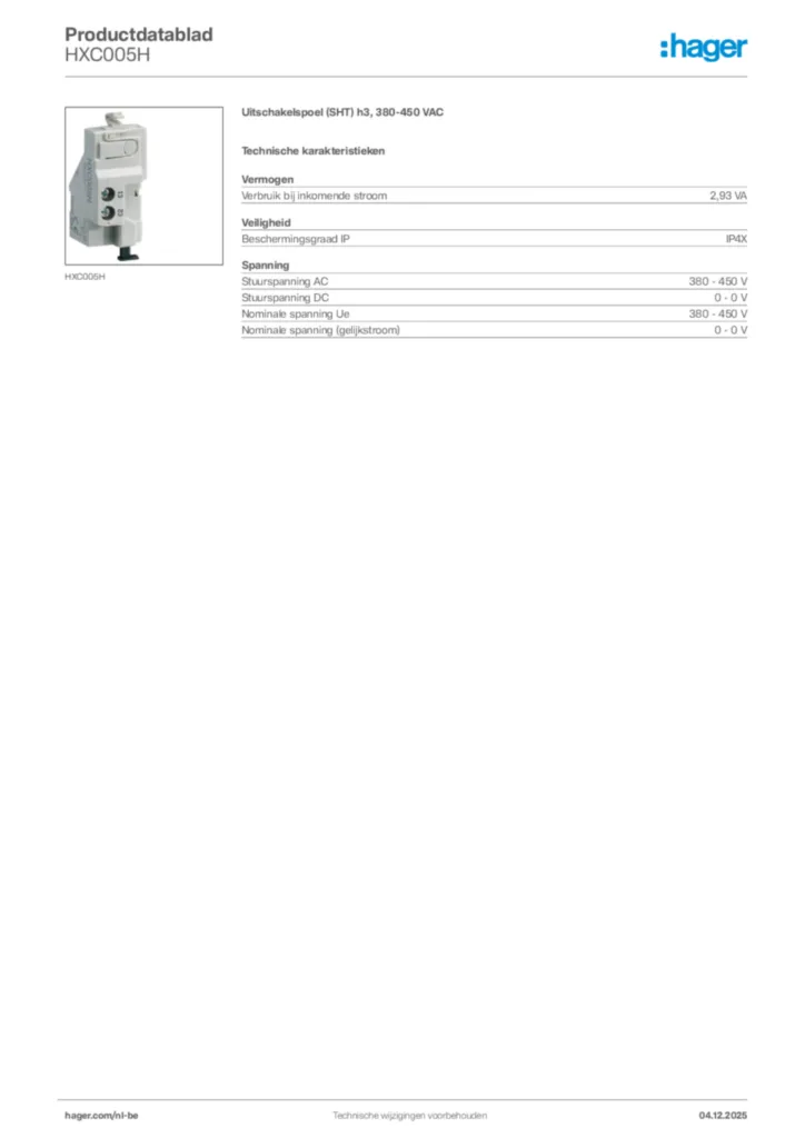 Afbeelding Hager Productdatablad HXC005H | Hager Belgium