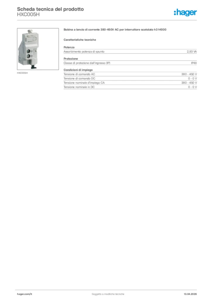 Immagine Hager Scheda tecnica del prodotto HXC005H | Hager Italia