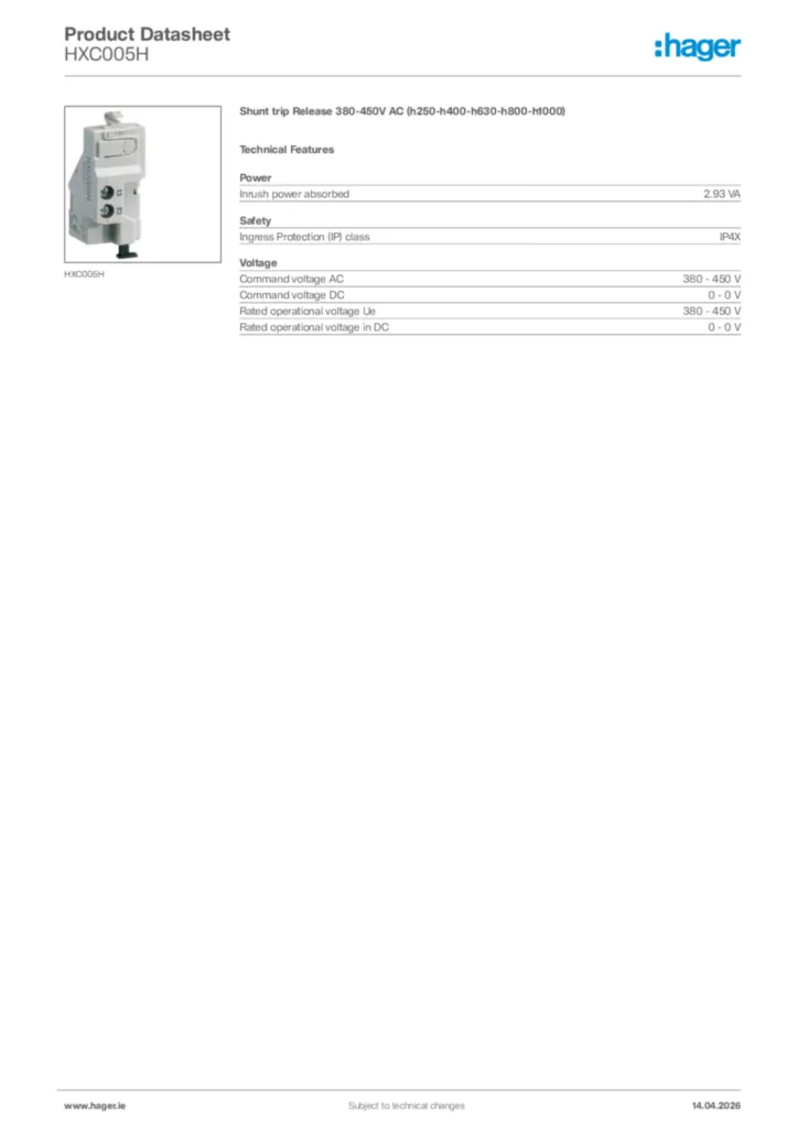 Image Hager Product data sheet HXC005H  | Hager