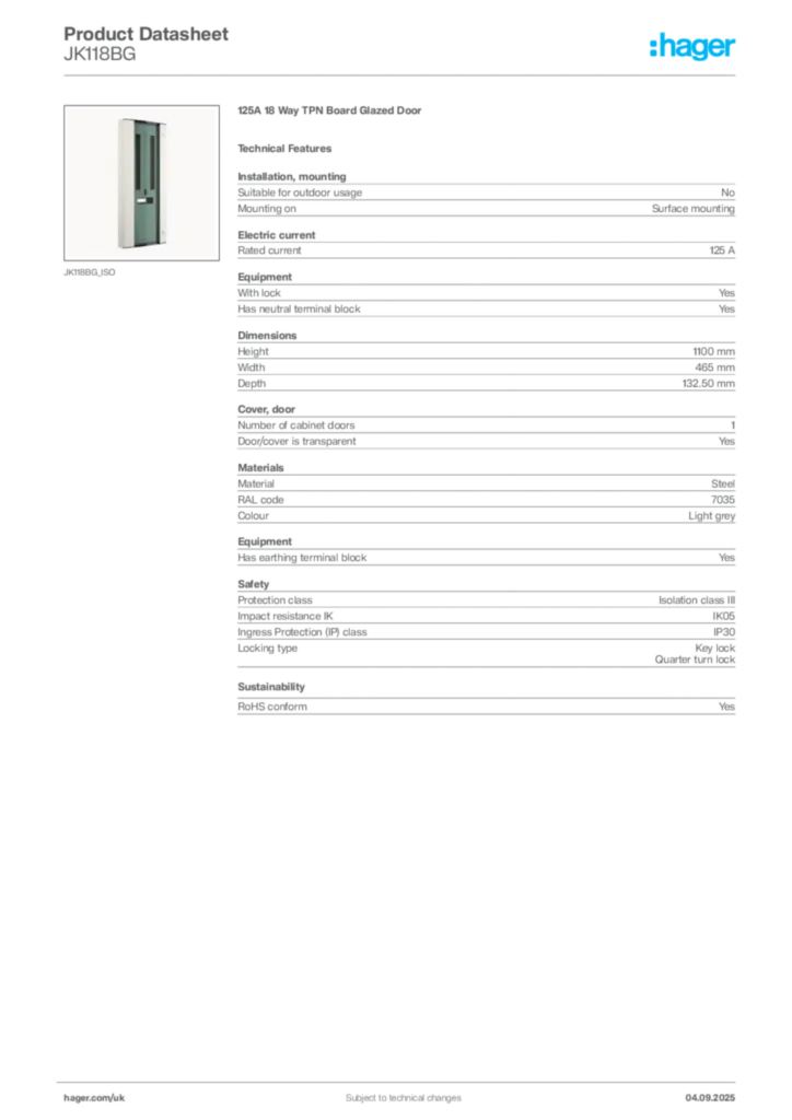 Image Hager Product data sheet JK118BG  | Hager
