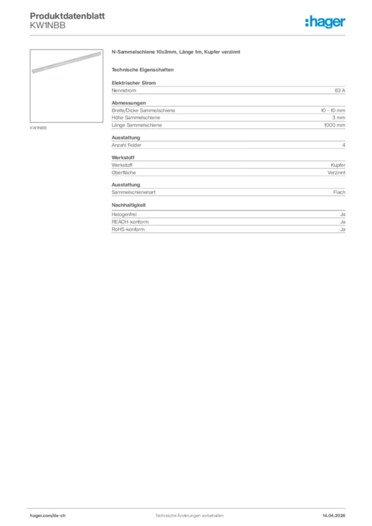 Bild Hager Produktdatenblatt KW1NBB | Hager Schweiz