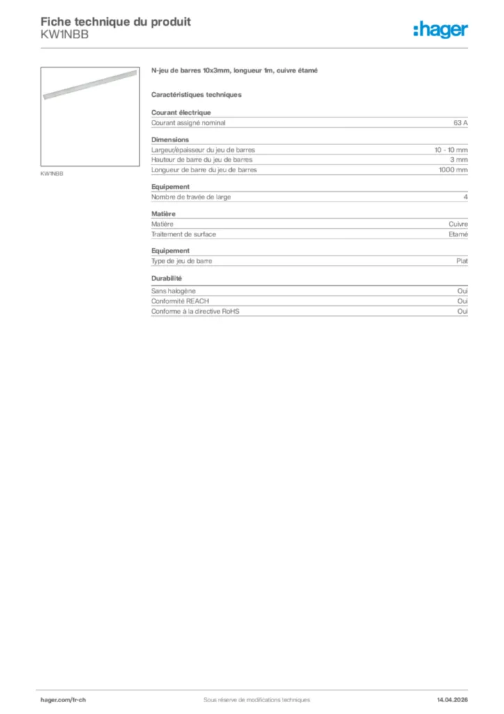 Image Hager Fiche technique du produit KW1NBB | Hager Suisse