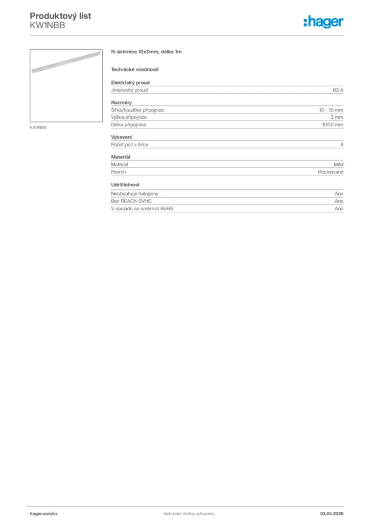 Obrázek Hager Product data sheet KW1NBB | Hager