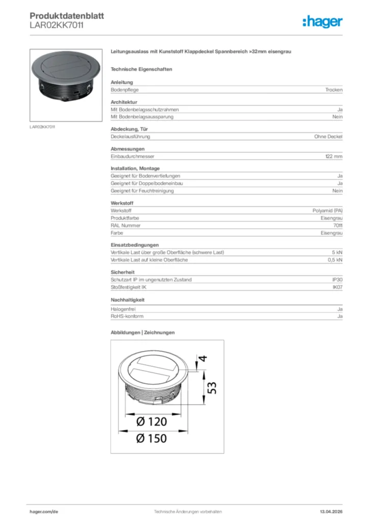 Bild Hager Produktdatenblatt LAR02KK7011 | Hager Deutschland