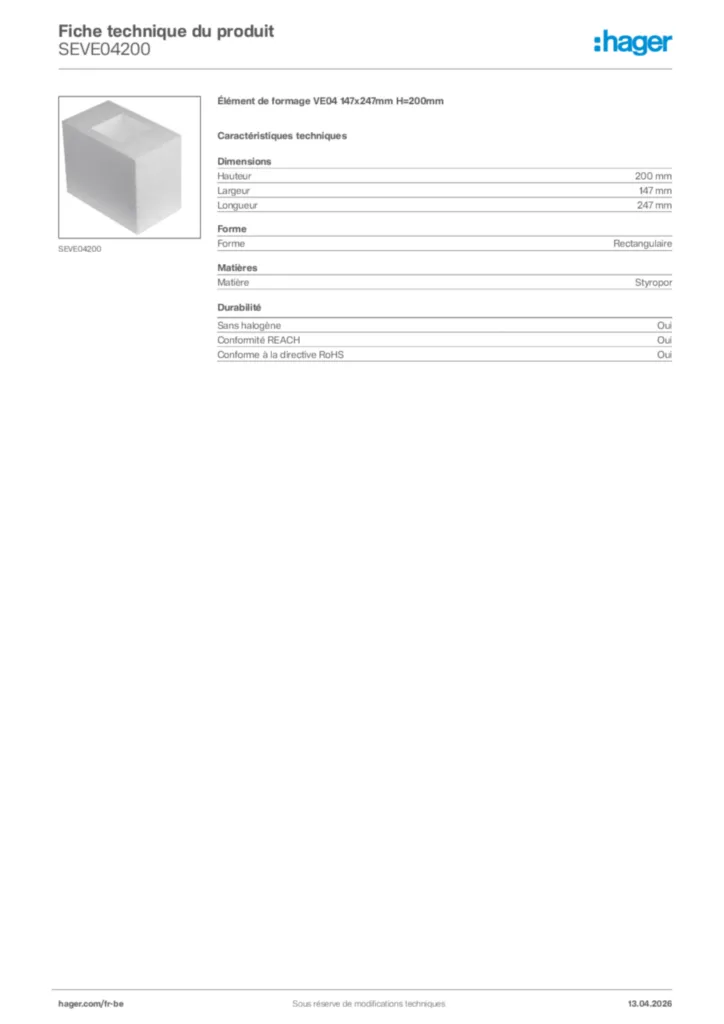 Image Hager Fiche technique du produit SEVE04200 | Hager Belgique