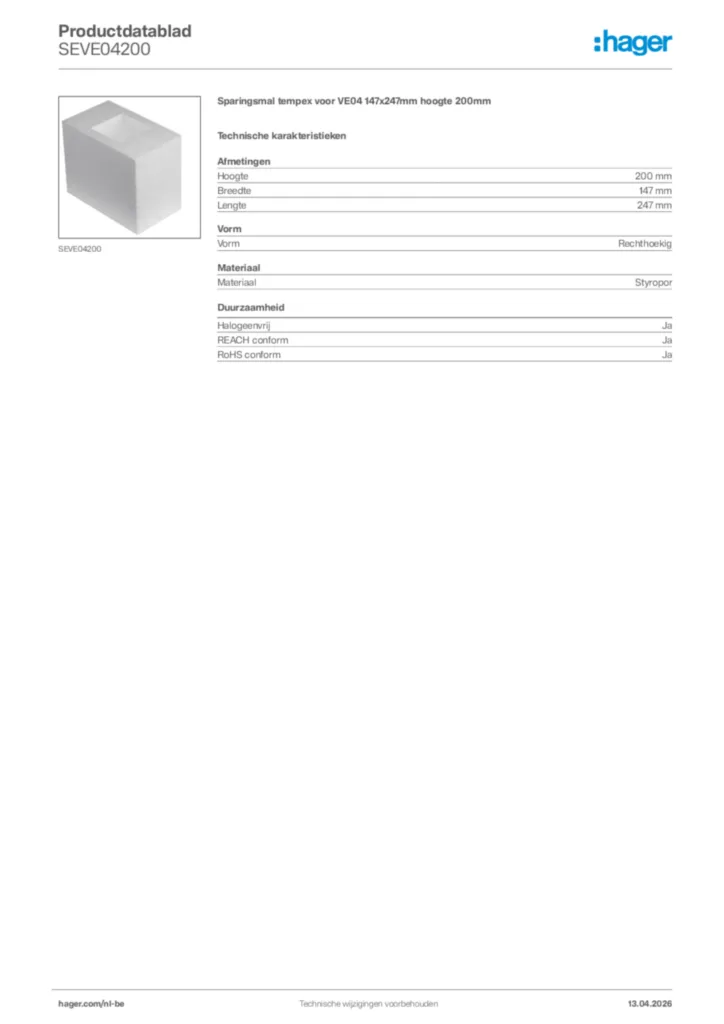 Afbeelding Hager Productdatablad SEVE04200 | Hager Belgium