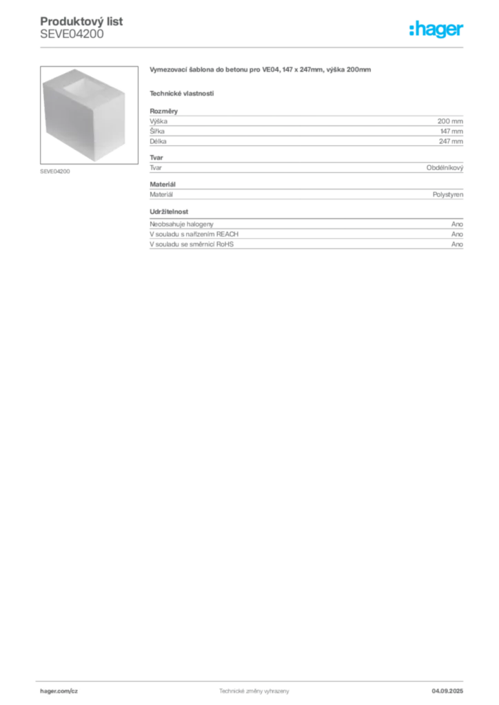 Obrázek Hager Produktový list SEVE04200 | Hager