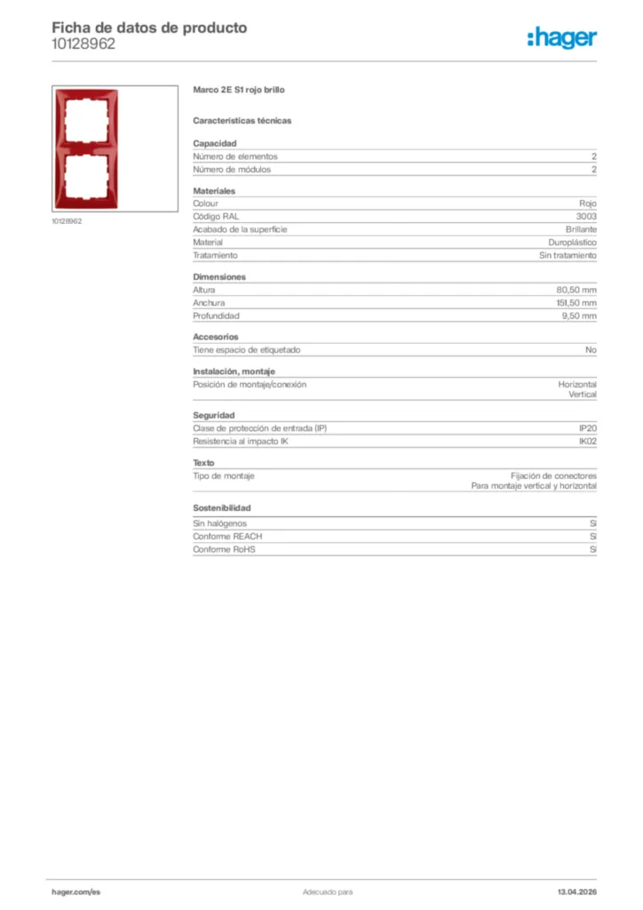 Imagen Hager Ficha de datos de producto 10128962 | Hager España