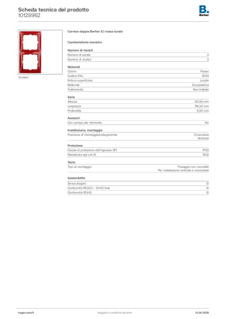 Immagine Berker Scheda tecnica del prodotto 10128962 | Hager Italia