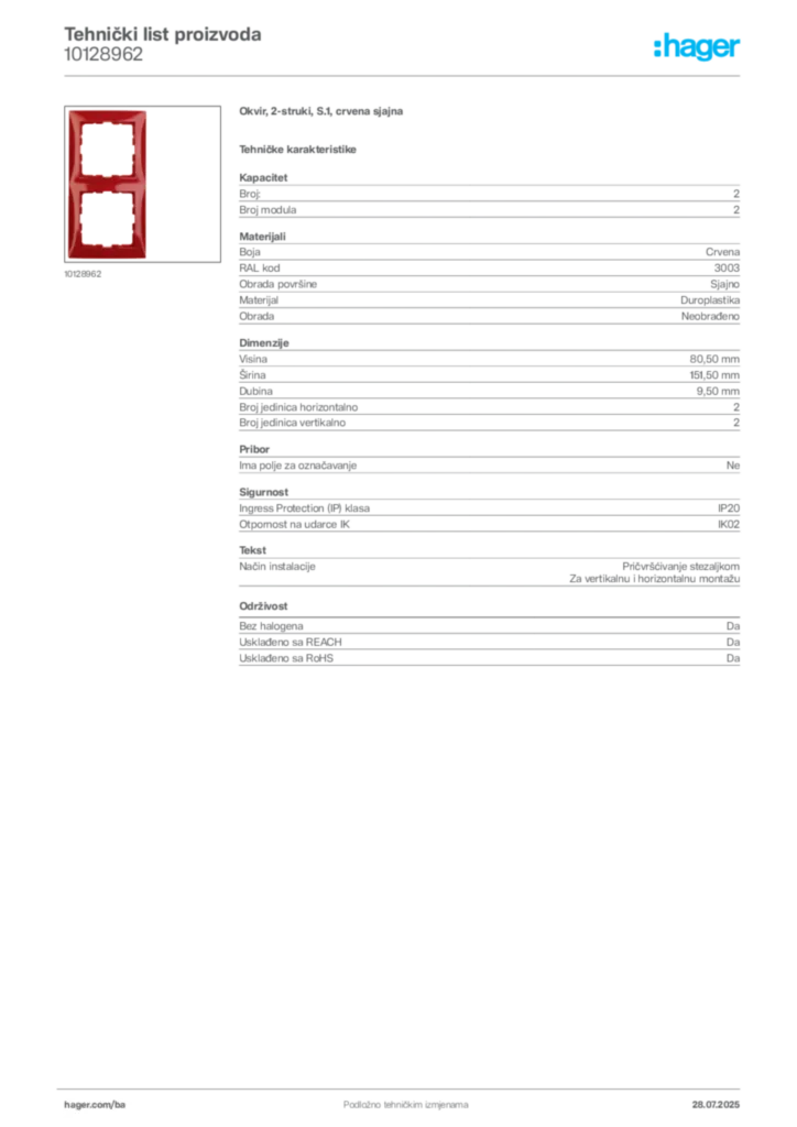 Slika Hager Product data sheet 10128962  | Hager