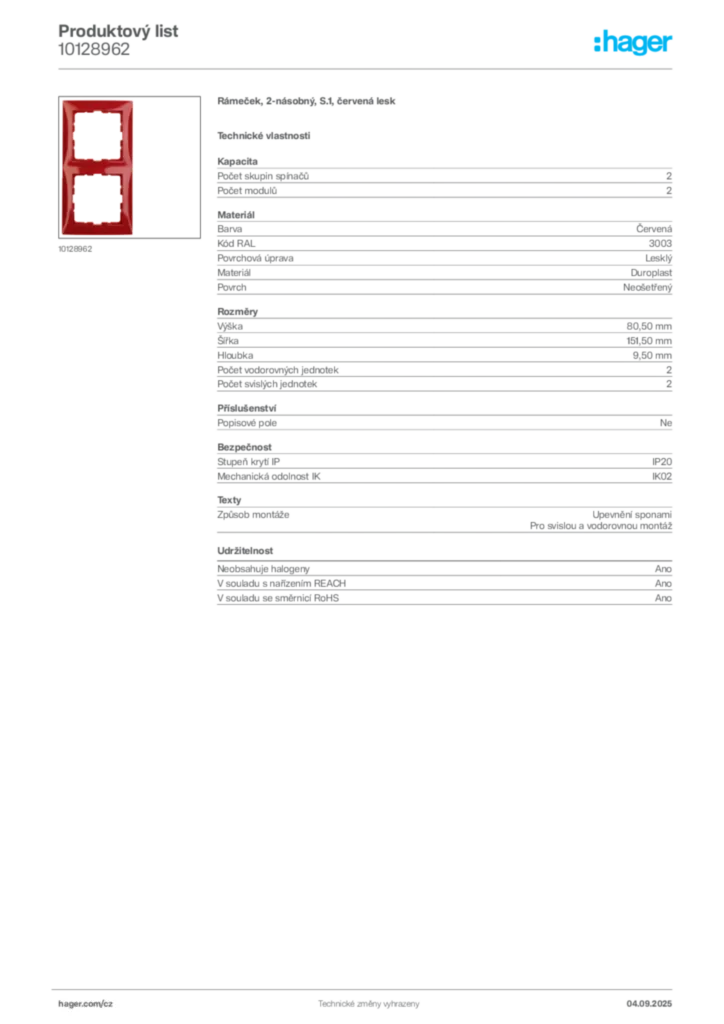 Obrázek Hager Produktový list 10128962 | Hager