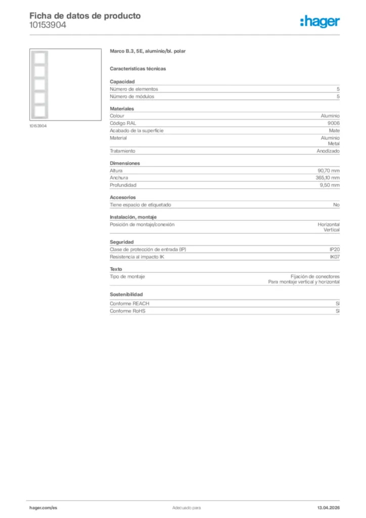 Imagen Hager Ficha de datos de producto 10153904 | Hager España