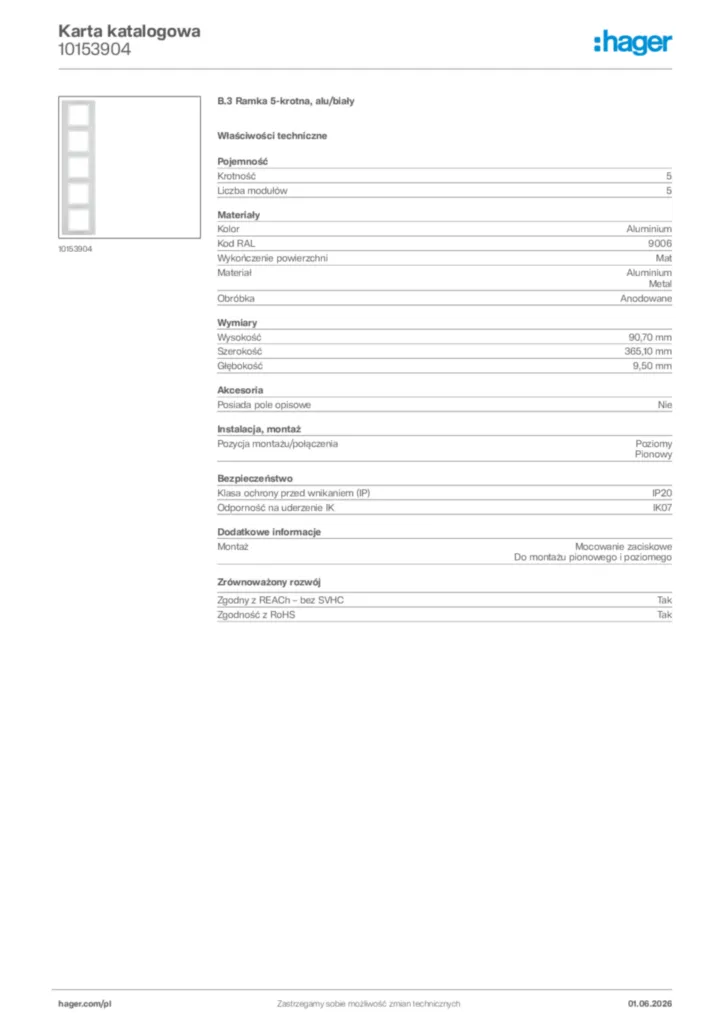 Zdjęcie Hager Karta katalogowa 10153904 | Hager Polska