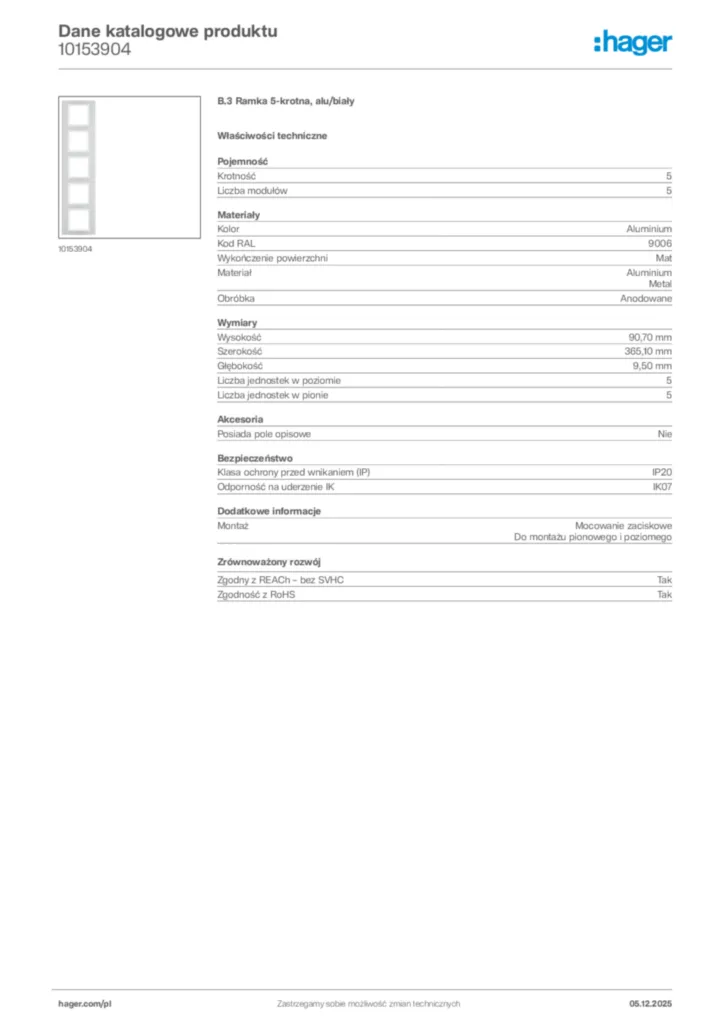 Zdjęcie Hager Dane katalogowe produktu 10153904 | Hager Polska