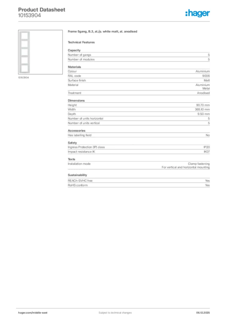 Image Hager Product data sheet 10153904  | Hager
