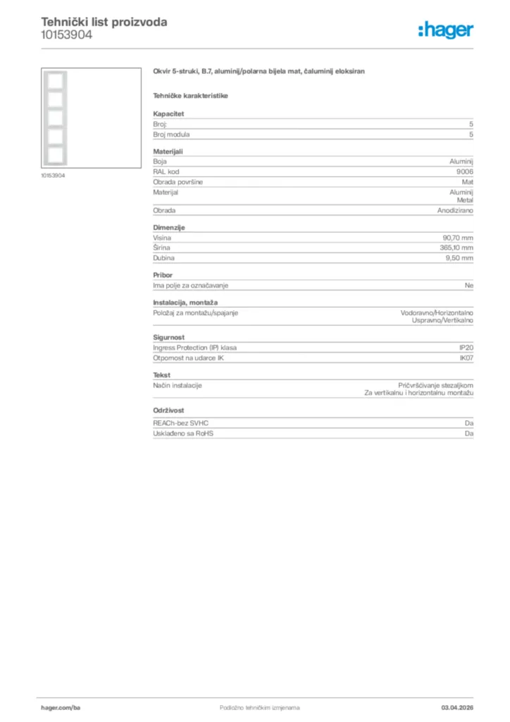 Slika Hager Tehnički list proizvoda 10153904  | Hager