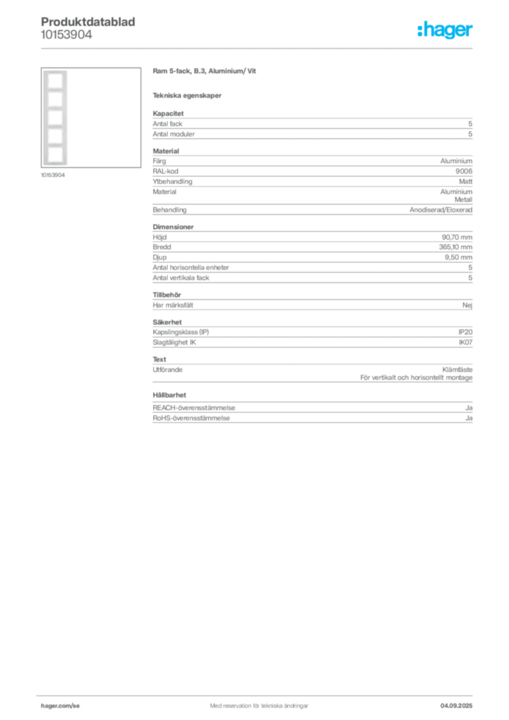 Bild Hager Produktdatablad 10153904 | Hager Sverige