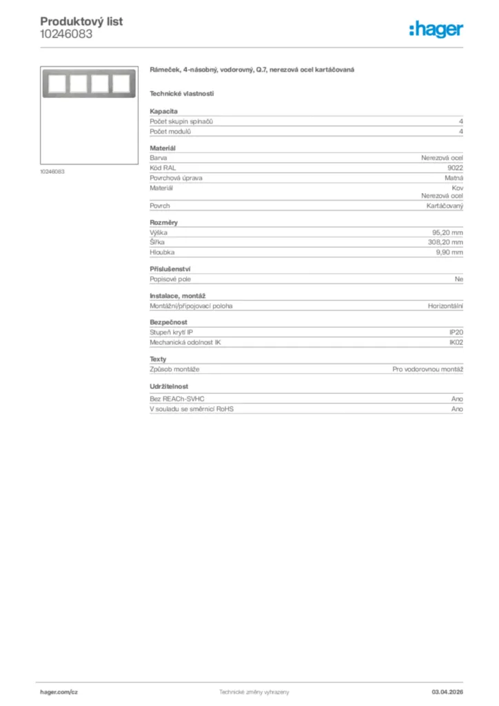 Obrázek Hager Product data sheet 10246083 | Hager