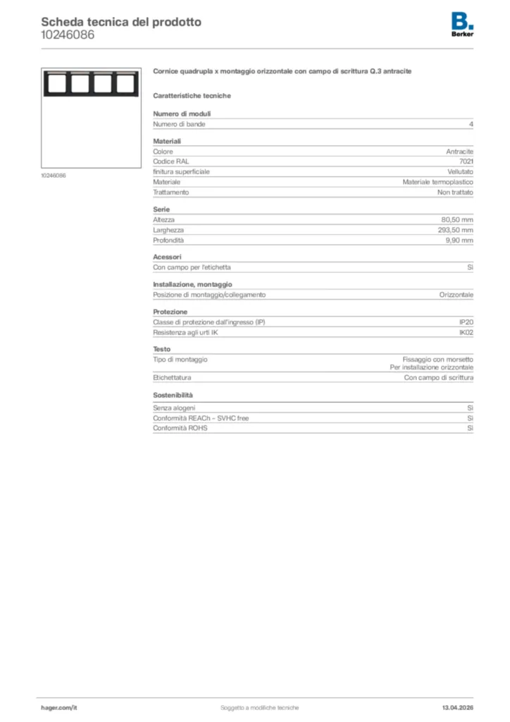 Immagine Berker Scheda tecnica del prodotto 10246086 | Hager Italia
