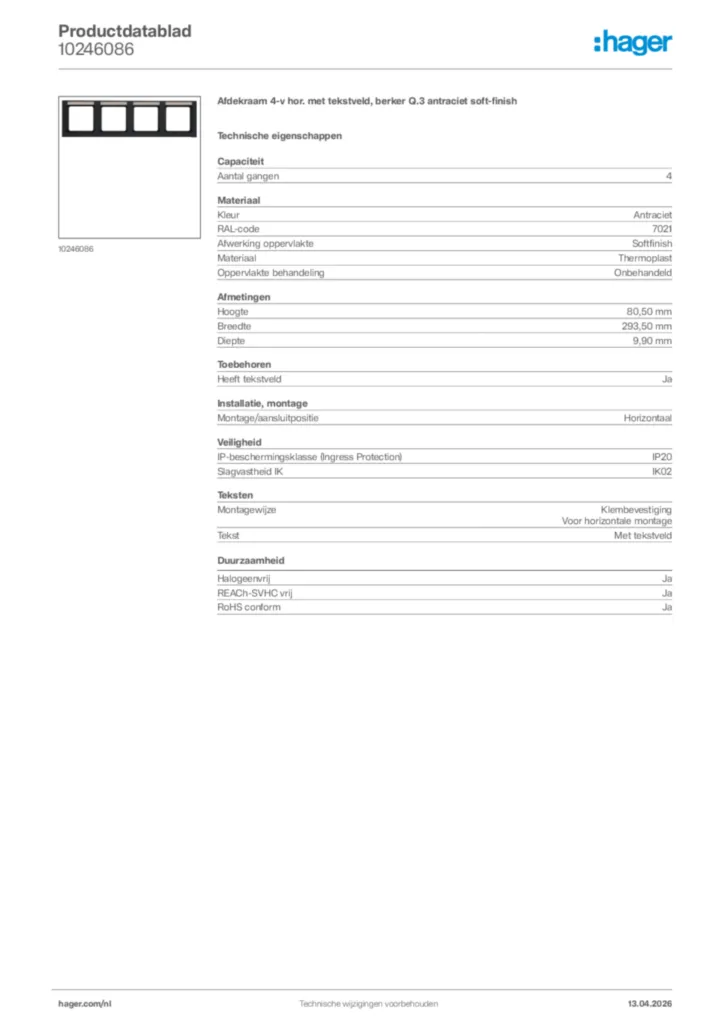 Afbeelding Hager Productdatablad 10246086 | Hager Nederland