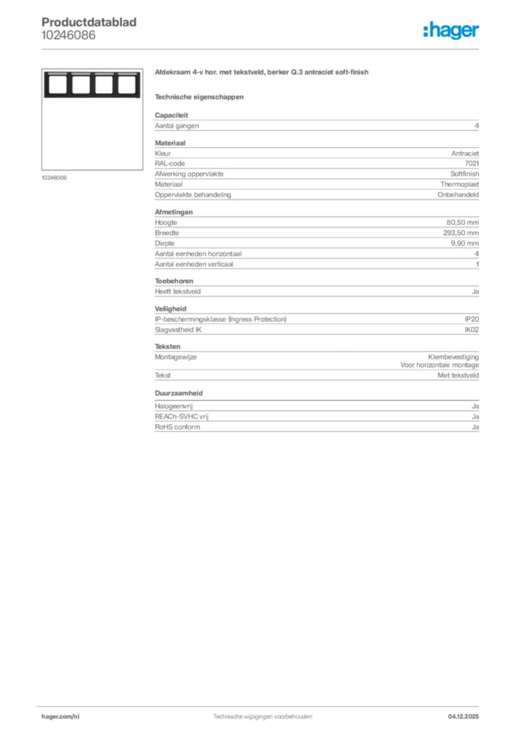 Afbeelding Hager Productdatablad 10246086 | Hager Nederland