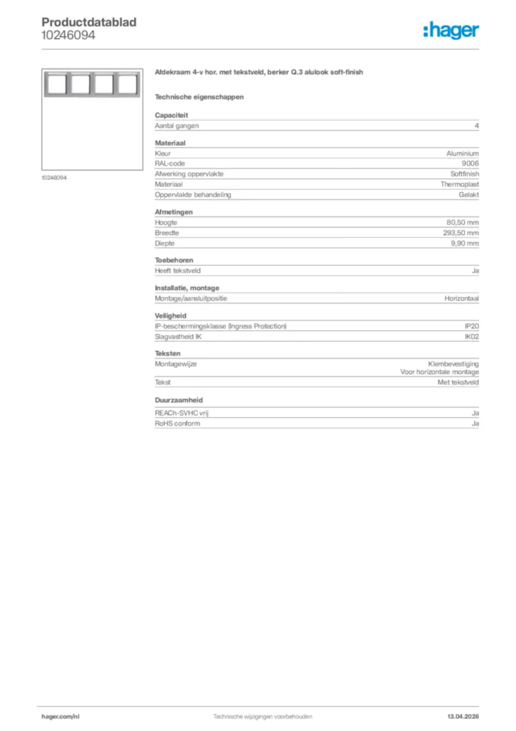 Afbeelding Hager Productdatablad 10246094 | Hager Nederland