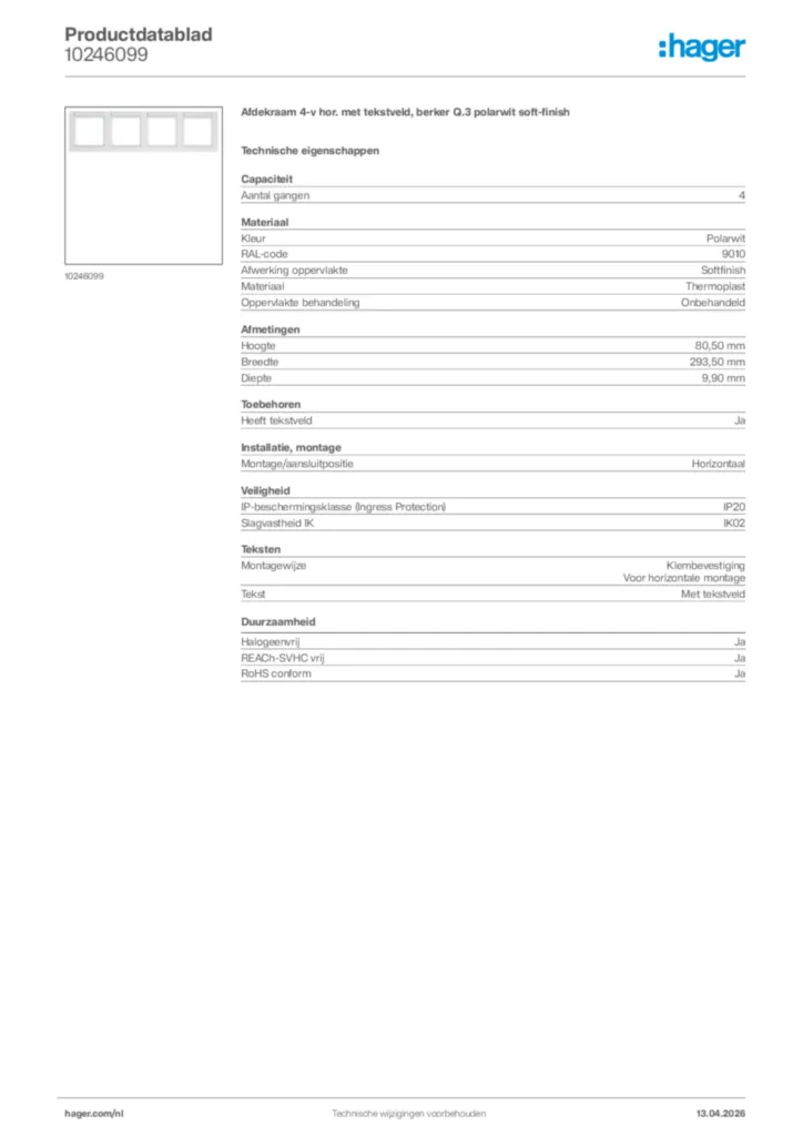 Afbeelding Hager Productdatablad 10246099 | Hager Nederland